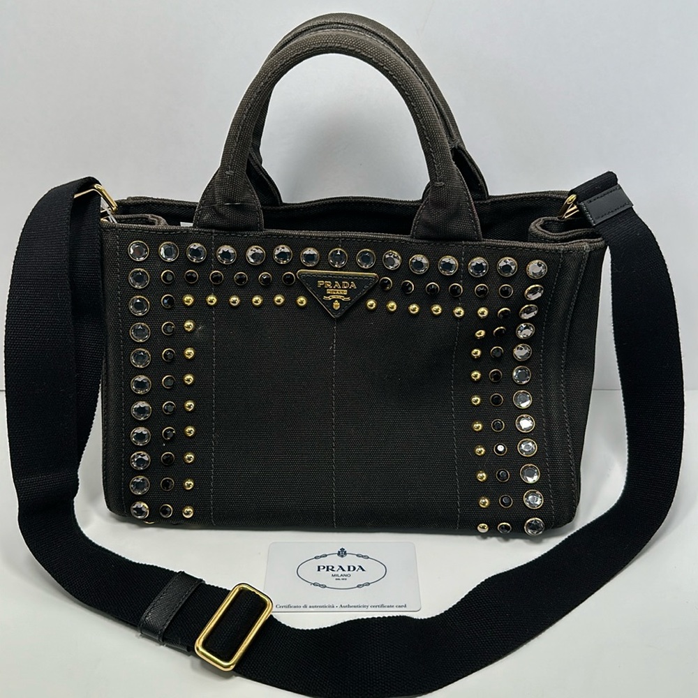 Authentic PRADA Canapa Bijoux Denim Tote/Crossbody- Black - Picture 3 of 17
